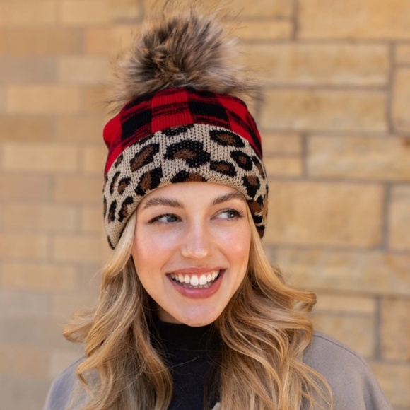 SOLD OUT Leopard Red Buffalo Check Faux Fur Pom Beanie - Picture 3 of 6